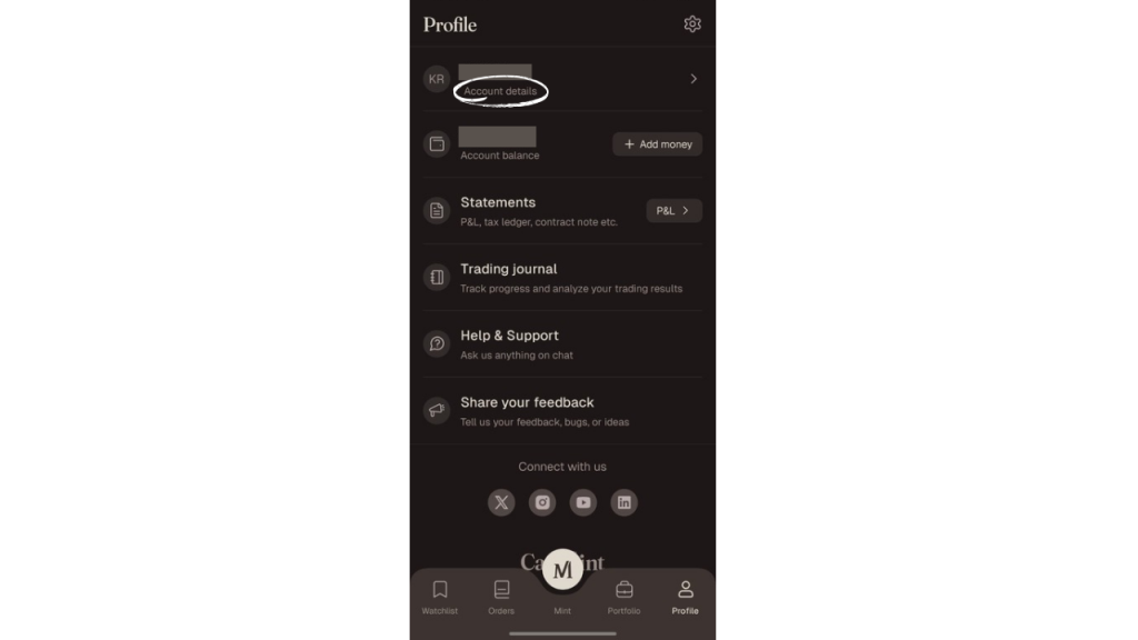 Check demat number in CapMint - Click on Account Details