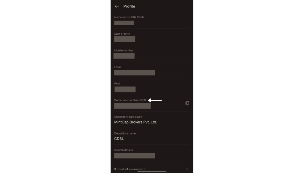 Check demat number in CapMint - Scroll to check Demat acc number/BOID